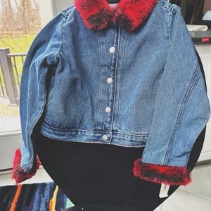 NWT DNKY Girls Size L Jean Jacket with Red Faux Fur